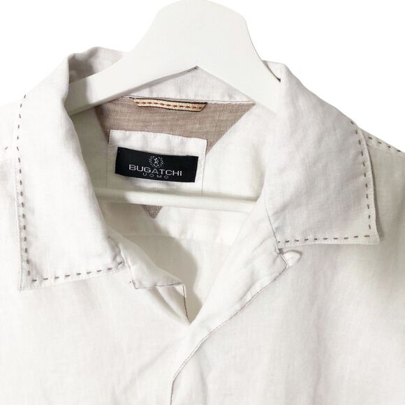 Bugatchi Uomo Shirt Men Large Button Up Linen Short Sleeve White Stitched Detail - Picture 2 of 12